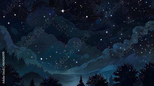 Illustration a night sky background as if it were painted with gouache, with deep, rich blues and twinkling stars that shimmer like tiny brushstrokes photo