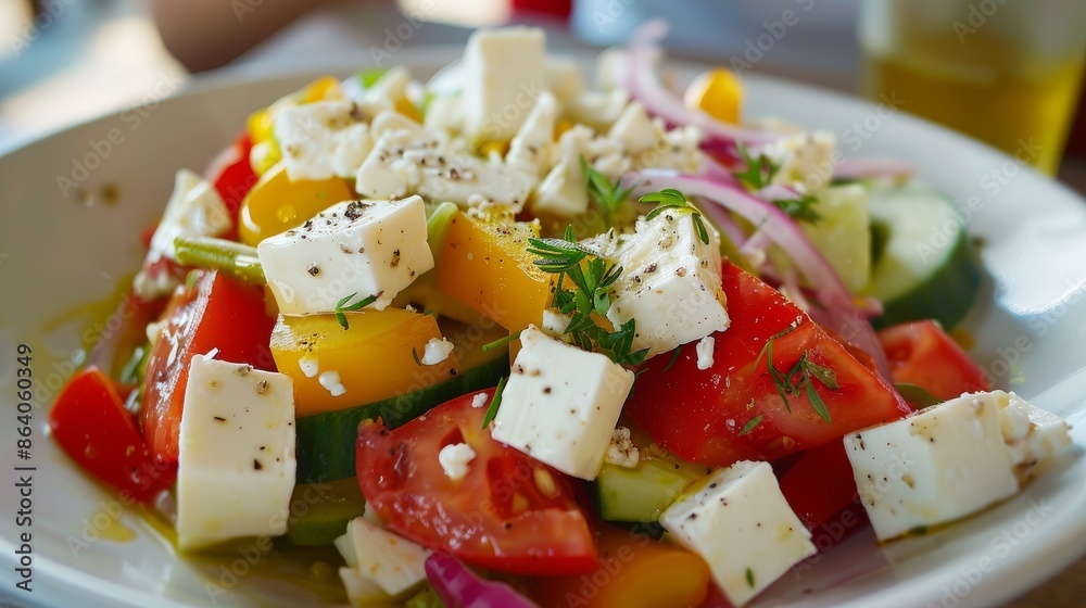 A delicious salad made with cheese and fresh veggies. It's like a Greek salad, but with your own special touch. A delicious salad made with cheese and fresh veggies. It's like a Greek salad, but with your own special touch.