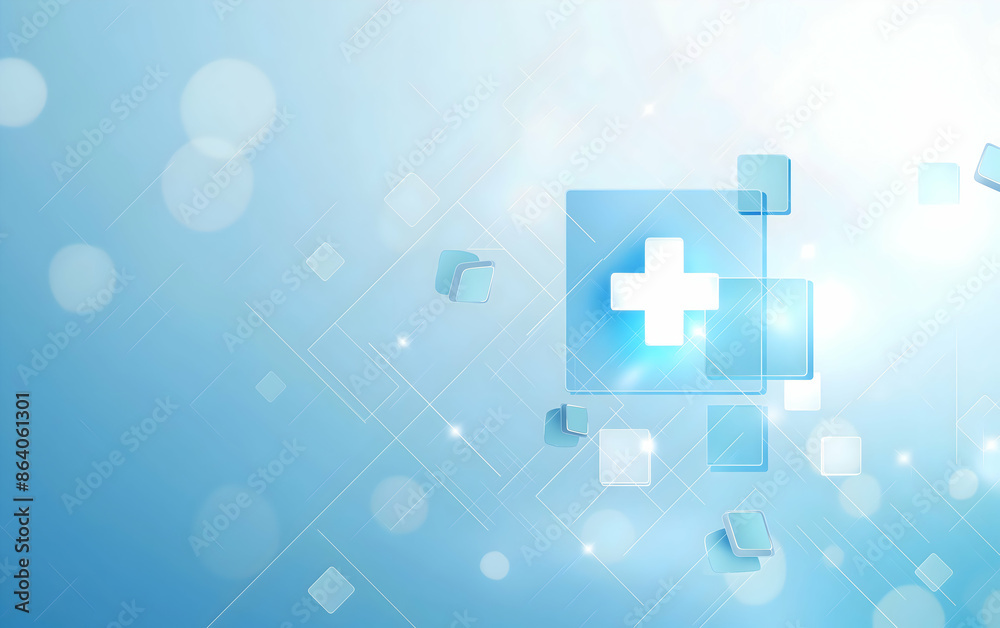 Obraz premium Abstract blue medical background with cross symbol and digital geometric elements, ideal for healthcare and technology themes.