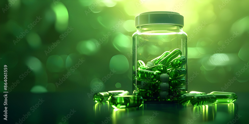 Close-up of a glass jar filled with green capsules, with a glowing green background, highlighting the supplement or medication concept. Close-up of a glass jar filled with green capsules, with a glowing green background, highlighting the supplement or medication concept.