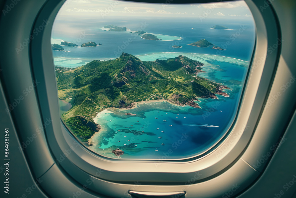 View of an exotic coast from an airplane window, close-up photo