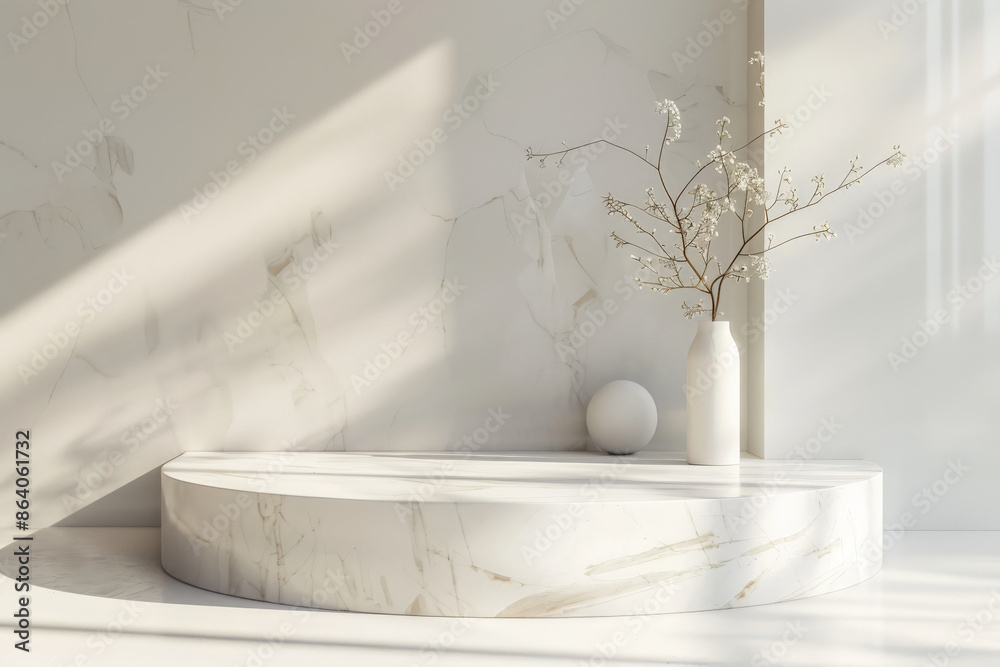 A 3D rendering of geometric forms with a minimalist white marble podium display. The blank pedestal offers a modern and sophisticated scene, perfect for showcasing products or creating mockups with an A 3D rendering of geometric forms with a minimalist white marble podium display. The blank pedestal offers a modern and sophisticated scene, perfect for showcasing products or creating mockups with an