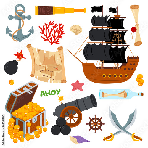 Pirate set in cartoon flat style. Vector illustration with pirate clipart elements. Pirate elements set. Pirates theme illustrations with ship, chest, map, cannonball and other.