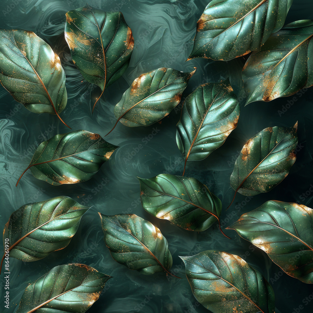 Fototapeta premium Luxurious Dark Green Background with Gold Leaves. Luxury, Elegant and Aesthetic Design