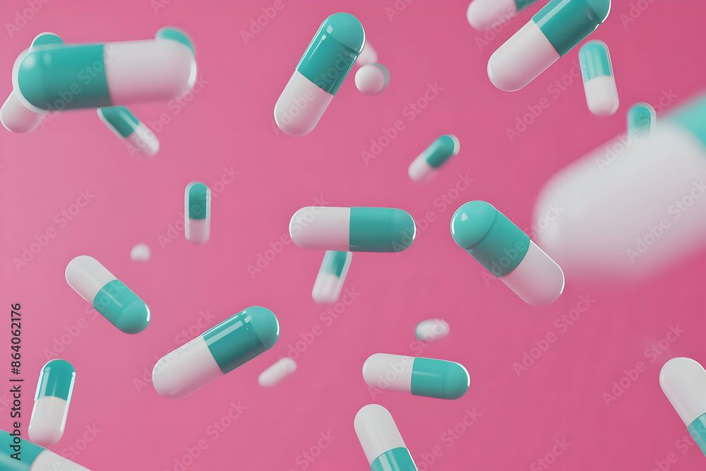 Dynamic image of teal and white capsules floating against a pink background, symbolizing pharmaceutical industry and healthcare. Dynamic image of teal and white capsules floating against a pink background, symbolizing pharmaceutical industry and healthcare.