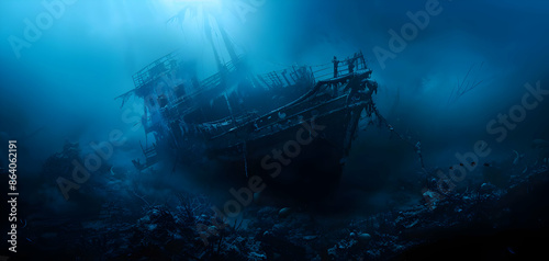 Eerie underwater view of a sunken shipwreck lying on the ocean floor surrounded by marine debris and illuminated by blue light.