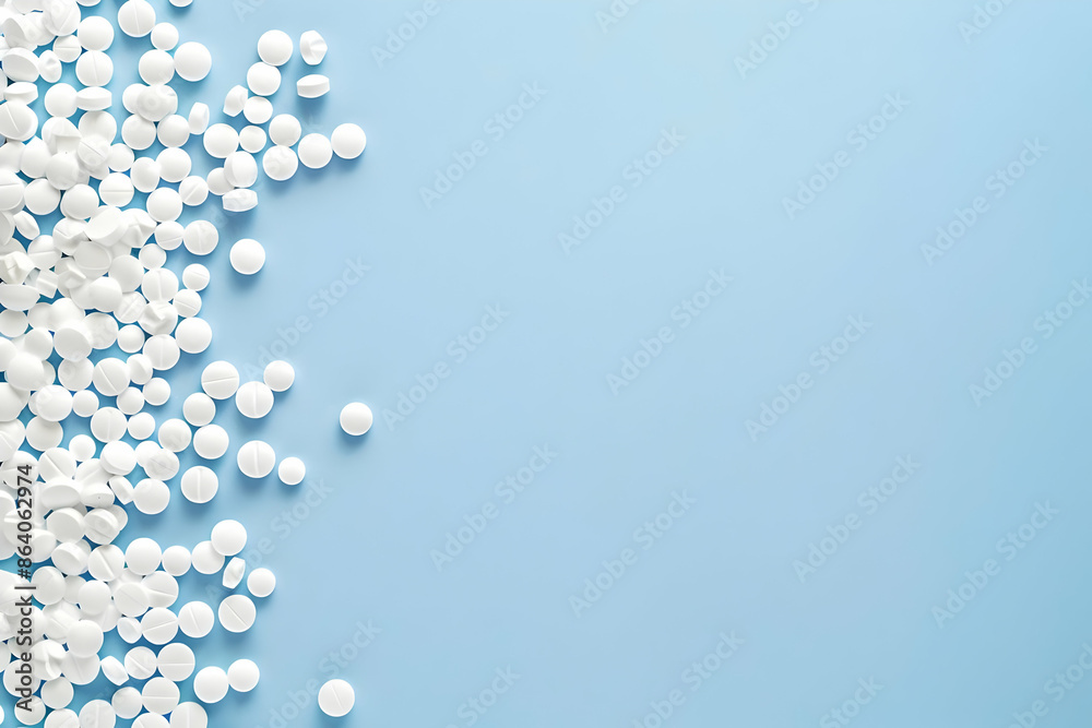 White round pills scattered on a light blue background, usable for healthcare, medical, or pharmaceutical themes and promotions.