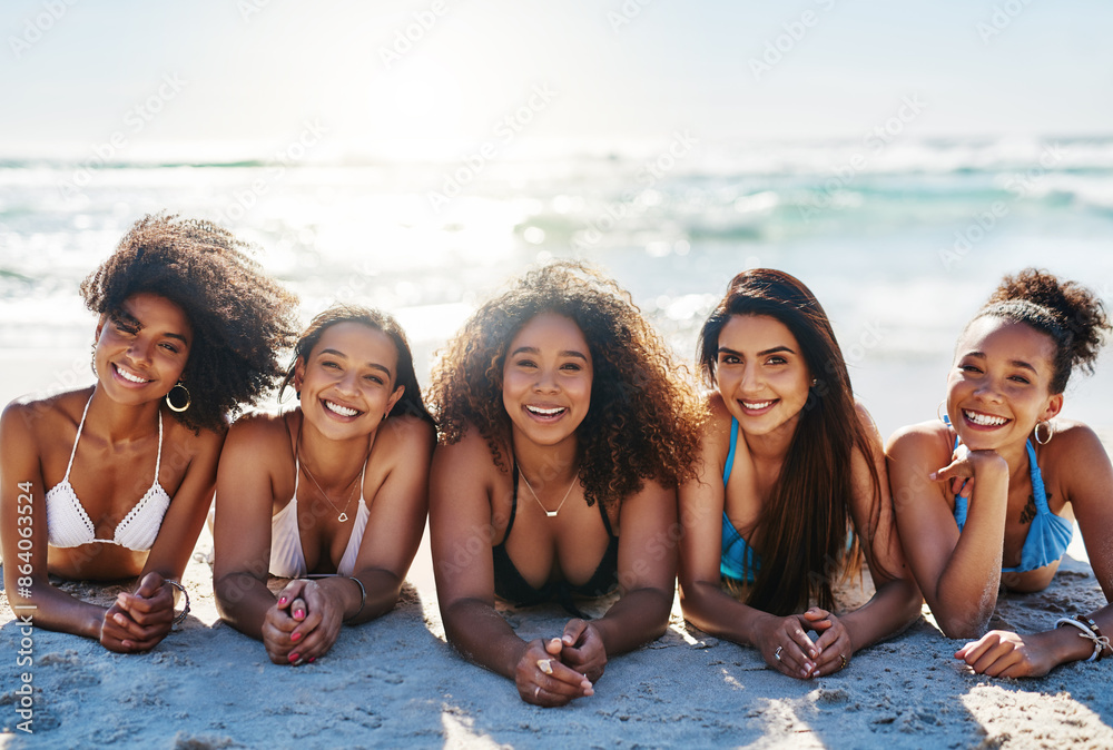 Smile, friends and laying on beach outdoor for summer break, bonding and journey on vacation reunion. Portrait, women and relax on sand, travel and support for tropical adventure together in Hawaii Smile, friends and laying on beach outdoor for summer break, bonding and journey on vacation reunion. Portrait, women and relax on sand, travel and support for tropical adventure together in Hawaii