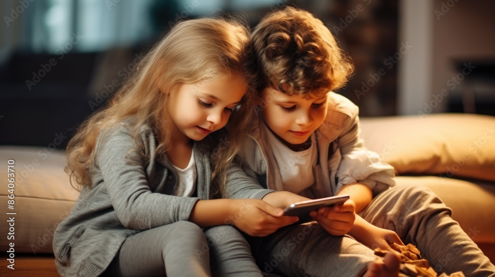 Child playing using mobile phone brother with sister sitting Child playing using mobile phone brother with sister sitting