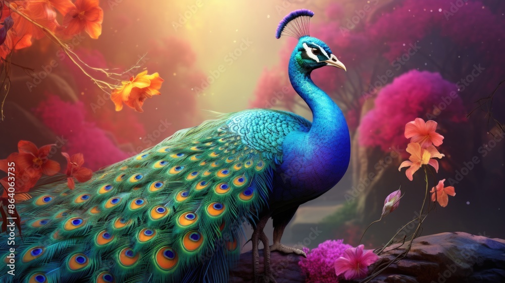 Fototapeta premium Colorful peacock standing in the forest floral design morning time