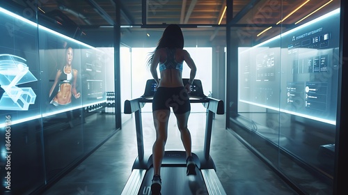 A fit athlete using a new high-tech treadmill in a state-of-the-art gym, surrounded by motivational quotes and futuristic elements.