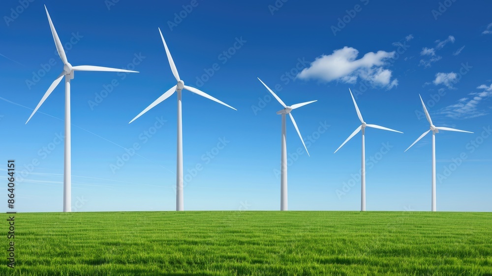A wide shot of a field with multiple wind turbines generating clean energy on a sunny day with blue skies and white clouds A wide shot of a field with multiple wind turbines generating clean energy on a sunny day with blue skies and white clouds