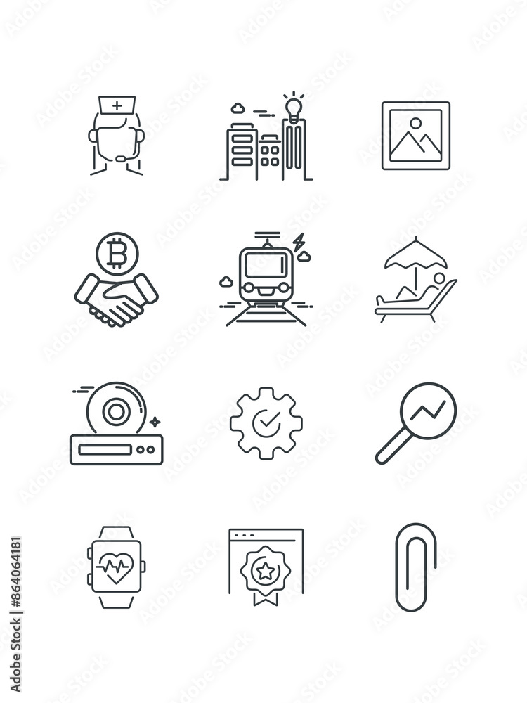 Cd player, Co-operate, Data map, Folder, Ice bucket, Image, Intelligent urbanism, set of icons, vector illustration Cd player, Co-operate, Data map, Folder, Ice bucket, Image, Intelligent urbanism, set of icons, vector illustration