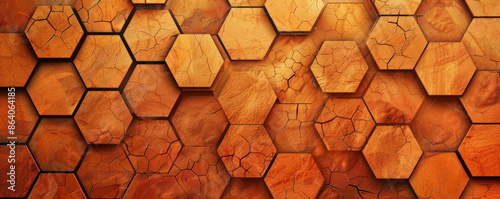 Abstract hexagon geometry background in shades of orange and brown. The hexagons have a rough, stone-like texture, giving the design a natural and earthy feel. The overall effect is warm and grounded.