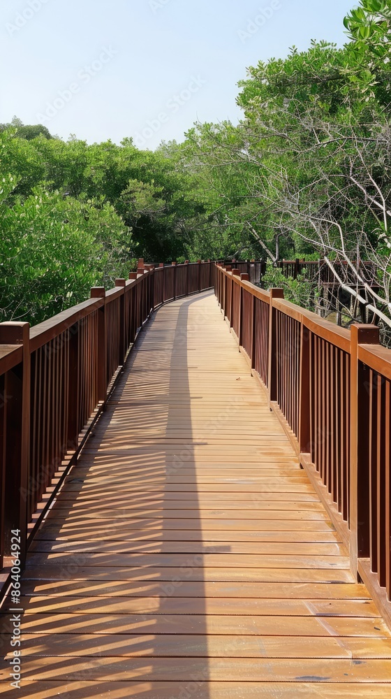 Obraz premium A wooden walkway with railings extends through a vibrant green mangrove forest on a bright, sunny day