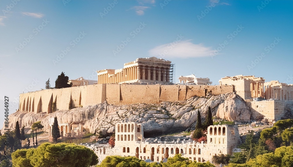 Obraz premium Portray the historical charm of the Acropolis in Athens, Greece, against a clear blue sky.