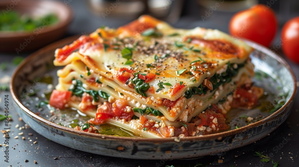 A plate of plant-based lasagna with layers of rich tomato sauce, vegan ricotta, and fresh spinach A plate of plant-based lasagna with layers of rich tomato sauce, vegan ricotta, and fresh spinach
