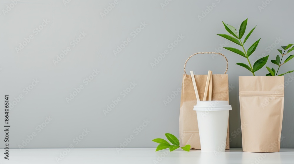 A brown paper bag stands next to wooden utensils and containers on a white surface