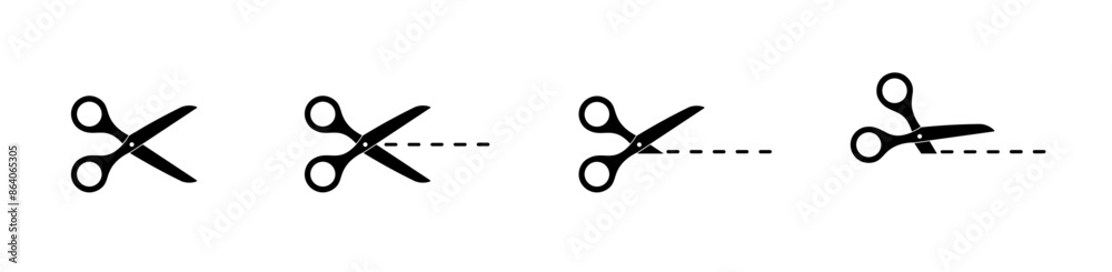 Scissors with line of cut icon set. Sewing, tailor and cutoff symbol. Vector illustration