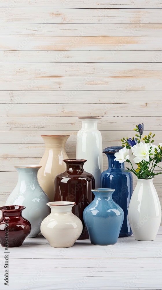 A collection of seven ceramic vases of various shapes, sizes, and colors sit on a white wooden surface, with a bouquet of white daisies in a tall vase in the background A collection of seven ceramic vases of various shapes, sizes, and colors sit on a white wooden surface, with a bouquet of white daisies in a tall vase in the background
