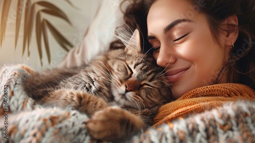 Happy woman cuddling with her domestic cat at home photo