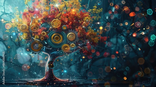 Surreal Artwork. Mechanical Tree of Life with Colorful Gears and Flowers in a Magical Forest