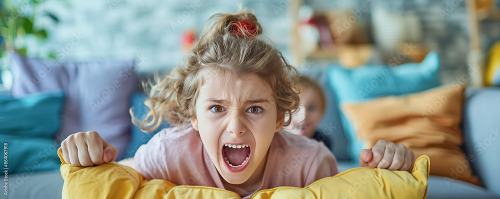 Children having fight with pillows at home. Concept of conflict and family relation. Children having fight with pillows at home. Concept of conflict and family relation.
