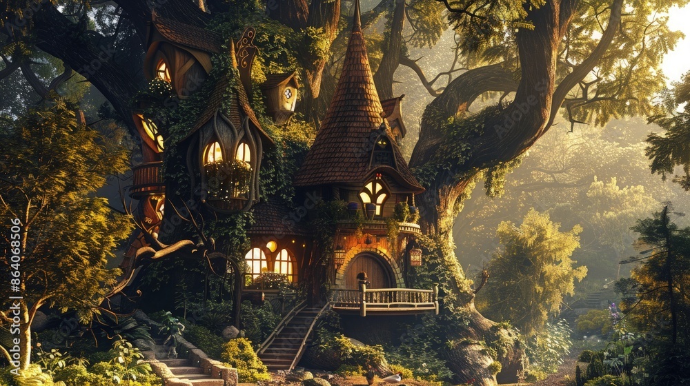 Fototapeta premium An enchanting, glowing treehouse built into a massive ancient tree provides a magical setting for fantasy storytelling or advertising.