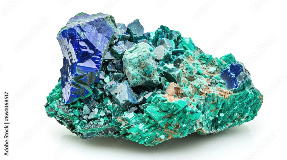 Close up of a specimen of natural stone from a geological collection unprocessed azurite and malachite minerals isolated on a white background Close up of a specimen of natural stone from a geological collection unprocessed azurite and malachite minerals isolated on a white background