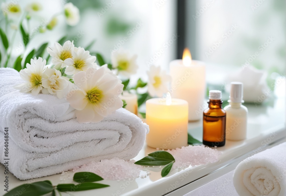Spa background towel bathroom white luxury concept massage candle bath. Relax aromatherapy flower accessory zen therapy aroma beauty setting table salt oil Spa background towel bathroom white luxury concept massage candle bath. Relax aromatherapy flower accessory zen therapy aroma beauty setting table salt oil