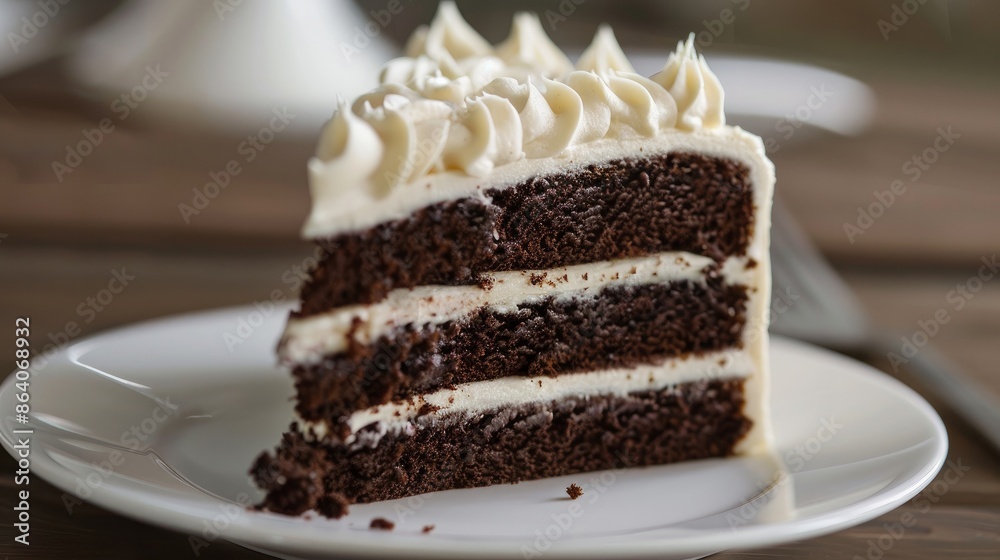 Chocolate cake with creamy frosting on a white plate. Chocolate cake with creamy frosting on a white plate.