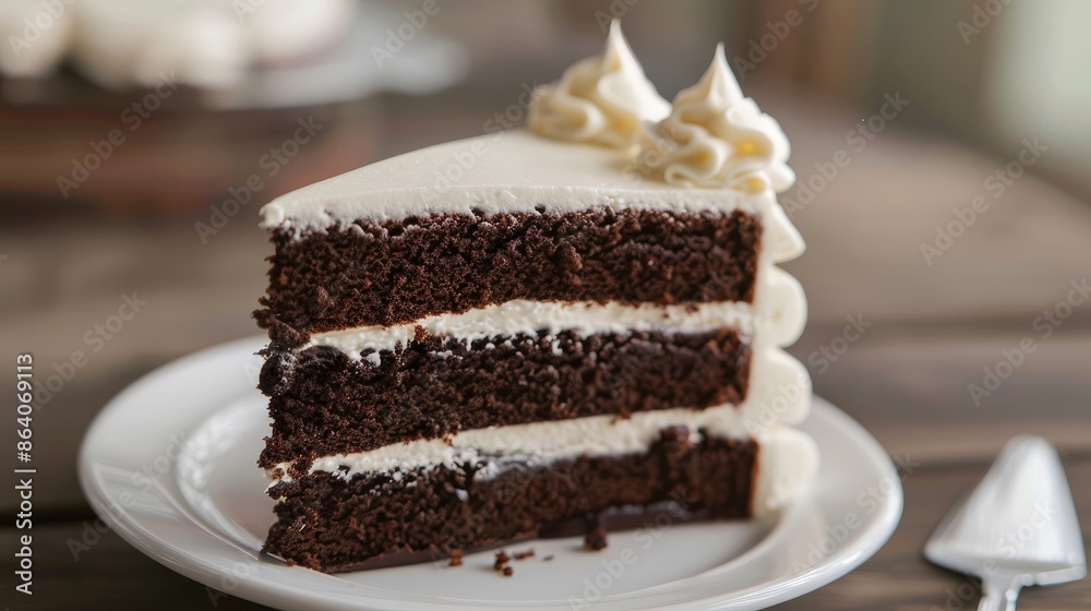 Chocolate cake with creamy frosting on a white plate. Chocolate cake with creamy frosting on a white plate.