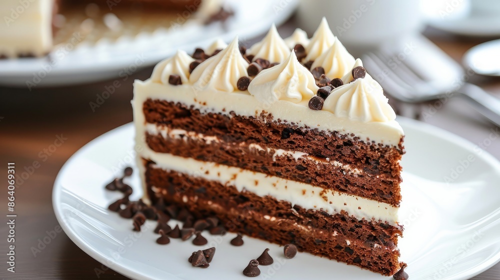 Chocolate cake with creamy frosting on a white plate. Chocolate cake with creamy frosting on a white plate.