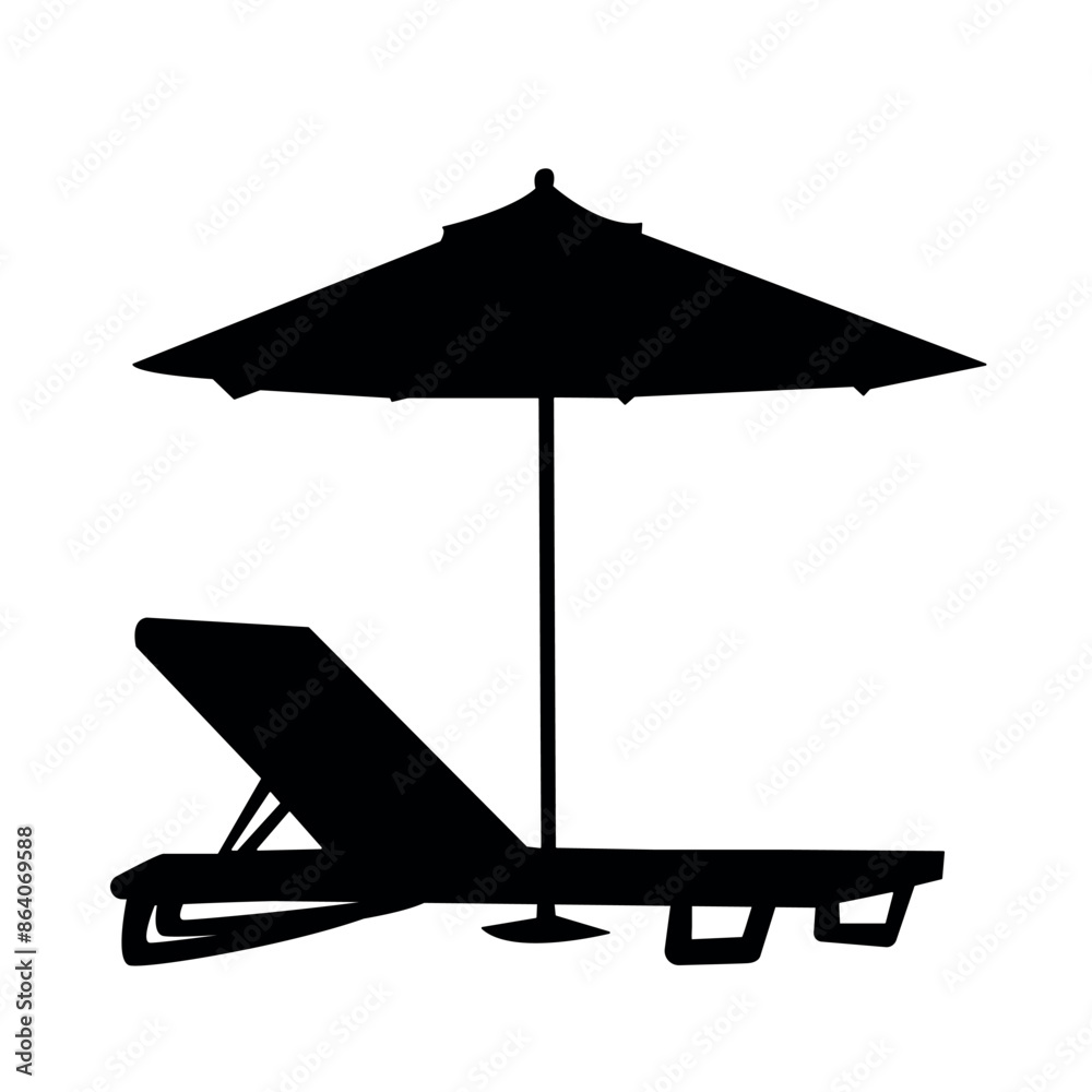 Vector Silhouette of Sun Lounger and Umbrella for Summer Decor and Beach Projects Vector Silhouette of Sun Lounger and Umbrella for Summer Decor and Beach Projects