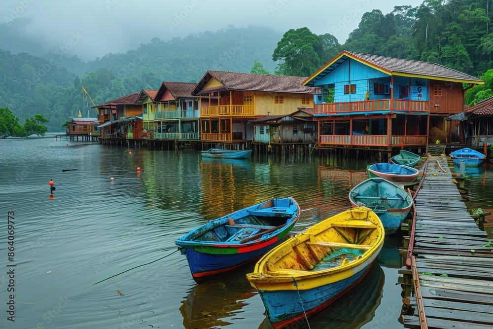 Obraz premium A quiet fishing village with colorful boats docked at a pier, and quaint houses in the background.
