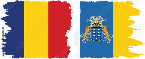 Canary Islands and Romania grunge flags connection vector