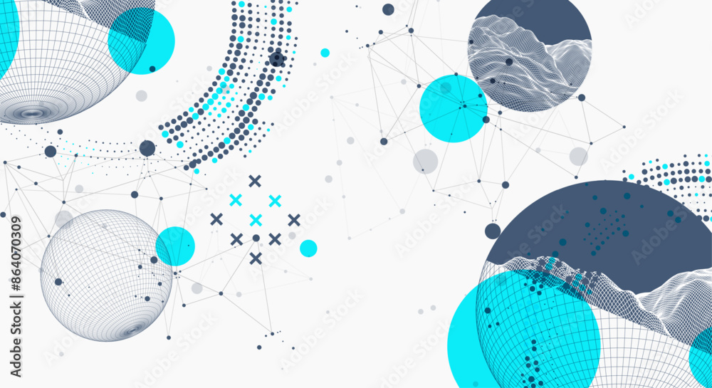 Obraz premium Sphere theme with connected lines in technology style background. Wireframe illustration. Abstract 3d grid design. Hand drawn.