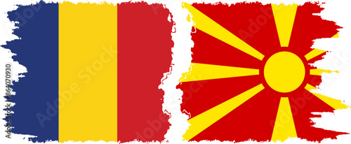 Northern Macedonia and Romania grunge flags connection vector