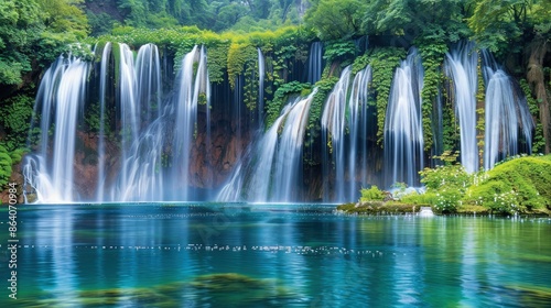 A picturesque view of vibrant green trees dotting the landscape around a small, babbling brook. In the distance, majestic mountains rise against a clear blue sky.