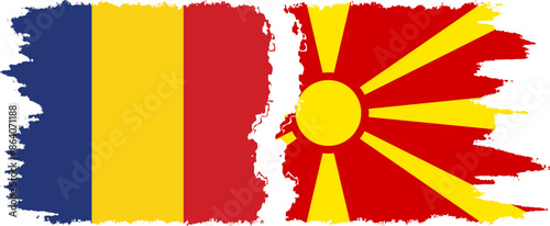 Northern Macedonia and Romania grunge flags connection vector