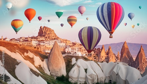 Depict the vibrant colors of a hot air balloon festival in Cappadocia, Turkey, with colorful balloons floating over fairy chimney rock formations.