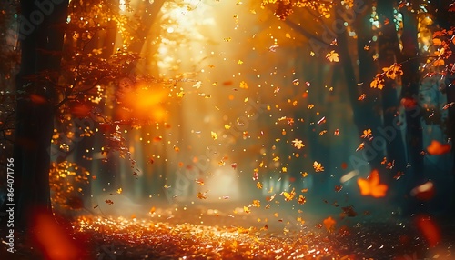 autumn forest in foggy morning with sunbeams and falling leaves
