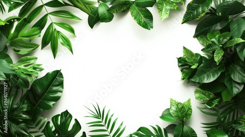 Fototapeta Naklejka Na Ścianę i Meble -  Tropical foliage frame with liana branches on white background Mockup with jungle plants and space for text
