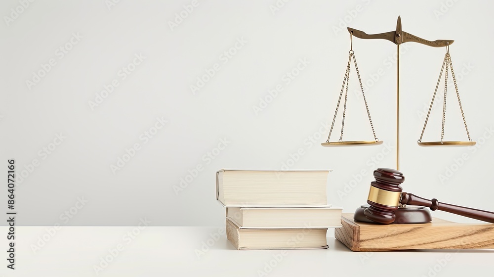 A golden scale of justice with a gavel and a book resting on a white table. A golden scale of justice with a gavel and a book resting on a white table.