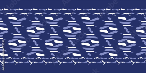 Indigo blue to dye effect abstract vector seamless border pattern . Modern masculine bold graphic bandana banner design for block print hand craft edging trim. 
