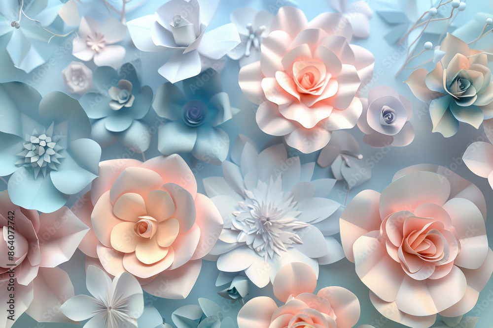 Elegant paper flowers in pastel colors create a delicate background for Valentine's Day. This 3D render features blooming wall arrangements, perfect for wedding cards, Easter greetings, or Mother's Elegant paper flowers in pastel colors create a delicate background for Valentine's Day. This 3D render features blooming wall arrangements, perfect for wedding cards, Easter greetings, or Mother's