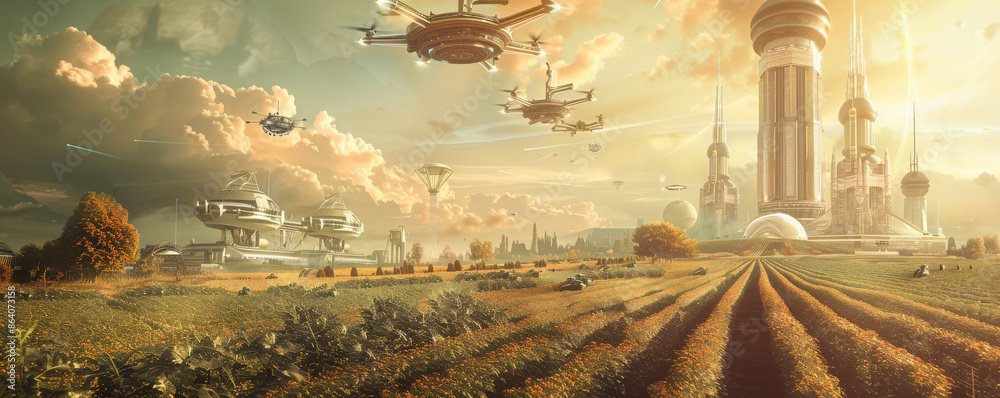 Futuristic landscape featuring a vast, advanced agricultural area with ...