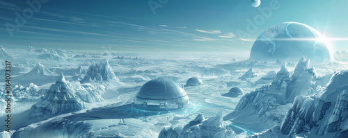 Futuristic landscape of a glacier-covered planet with heated pathways and domed shelters. Advanced climate control systems maintain a livable environment amid the icy expanse.