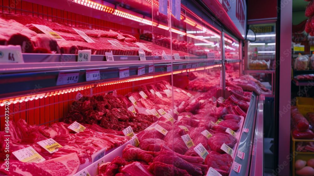 Sideview of a stylish butcher shop and its fridge counter with meat. Sideview of a stylish butcher shop and its fridge counter with meat.