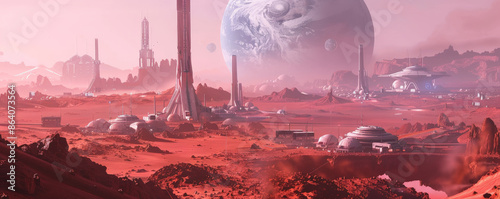Futuristic landscape on a terraformed Mars with domed colonies, red soil, and advanced mining operations. The sky is a soft pink, with Earth visible as a distant blue dot.